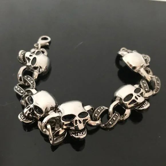 Skull Bracelet Chain Biker Silver Rock Mans Moto Gothic Motorcycle Skulls Unisex - Picture 3 of 10